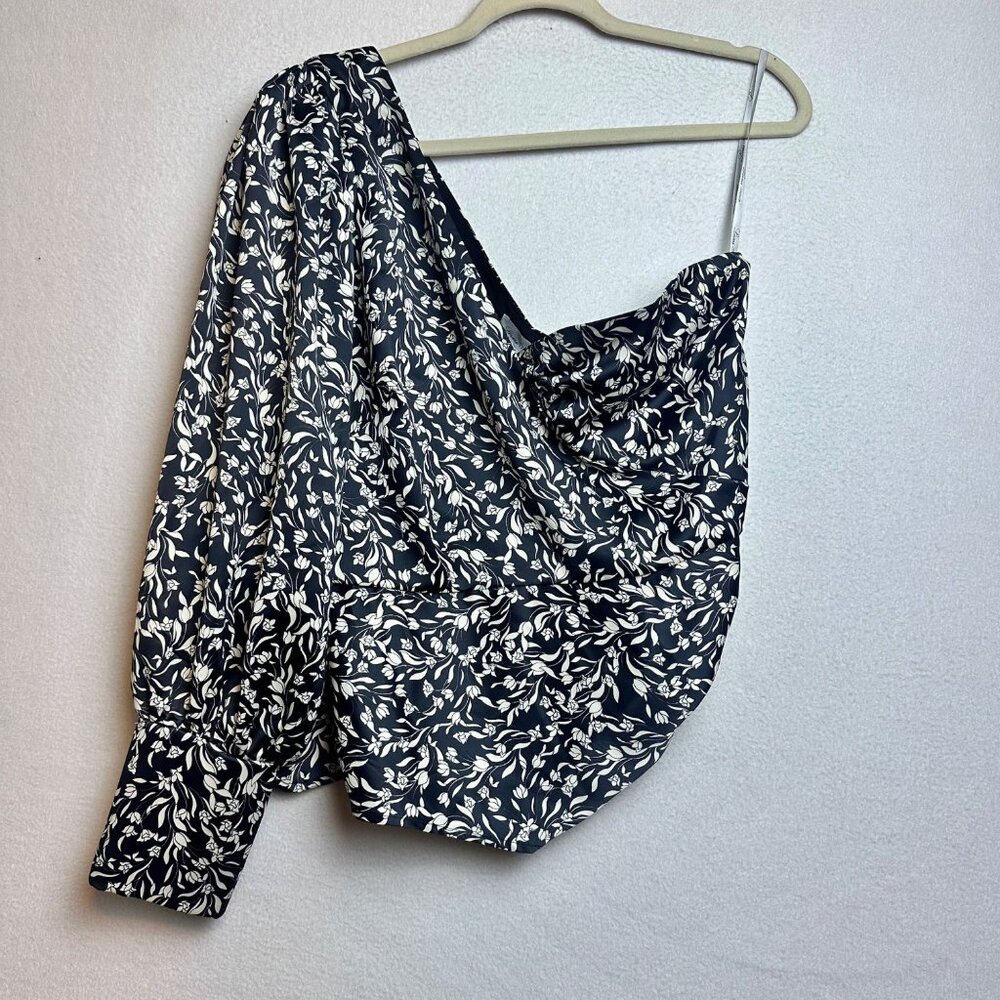 Lovers + Friends One Shoulder Dark Floral Top Women XL Ruffle Black FLAWED